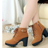 2016 New Autumn Winter Women Boots High Quality Solid Lace-up European Ladies shoes PU Leather Fashion Boots Free Shipping