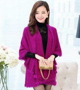 2016 New Autumn Winter Style Women Cashmere Poncho Cape Coat Fake Fox Fur Oversized Long Knitted Cardigan Sweater MY14