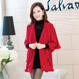2016 New Autumn Winter Style Women Cashmere Poncho Cape Coat Fake Fox Fur Oversized Long Knitted Cardigan Sweater MY14