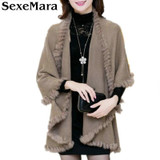2016 New Autumn Winter Style Women Cashmere Poncho Cape Coat Fake Fox Fur Oversized Long Knitted Cardigan Sweater MY14