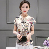 2016 new arrival women short sleeve chiffon loose blouses Printing Ink women shirt  turn-down collar retro style blouses 805A 36