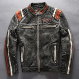 2016 New Arrival men's Vintage genuine cowskin motorcycle leather jacket with Skulls Avirex fly biker jacket for men black XXXL