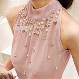 2016 New Arrival Fashion Women Beading Chiffon Blouse Fashion Sleeveless Women Turtleneck Chiffon Blouse Shirt Women Top