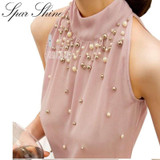 2016 New Arrival Fashion Women Beading Chiffon Blouse Fashion Sleeveless Women Turtleneck Chiffon Blouse Shirt Women Top