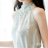 2016 New Arrival Fashion Women Beading Chiffon Blouse Fashion Sleeveless Women Turtleneck Chiffon Blouse Shirt Women Top