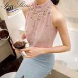 2016 New Arrival Fashion Women Beading Chiffon Blouse Fashion Sleeveless Women Turtleneck Chiffon Blouse Shirt Women Top
