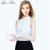 2016 New Arrival Fashion Women Beading Chiffon Blouse Fashion Sleeveless Women Turtleneck Chiffon Blouse Shirt Women Top