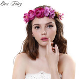 EVER FAIRY NEW Women Rose Flower Wreath Festival Wedding Girls Party Floral Garlands Crown Floral Halo With Ribbon Flower Crown