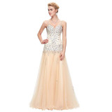 Evening Dress 2017 Grace Karin V Neck Tulle Ball Gown Apricot Sleeveless Rhinestones Beaded Prom Evening Dresses Robe De Soiree