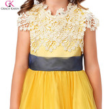 Grace Karin Yellow Flower Girl Dresses With Ribbon Bow Princess Evening Pageant Gowns Satin Lace Applique Kids Communion Dresses