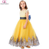 Grace Karin Yellow Flower Girl Dresses With Ribbon Bow Princess Evening Pageant Gowns Satin Lace Applique Kids Communion Dresses