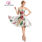 Grace Karin Short Prom Dresses Flower Pattern 2017 Strapless Sexy Knee Length Floral Print Chiffon Party Gown Vibrant Prom Dress