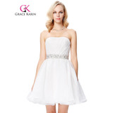Grace Karin Short Prom Dress 2017 Vestido De Festa Strapless Mid Thigh Voile White Formal Party Gown Robe De Cocktail Prom Dress
