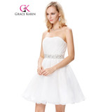 Grace Karin Short Prom Dress 2017 Vestido De Festa Strapless Mid Thigh Voile White Formal Party Gown Robe De Cocktail Prom Dress