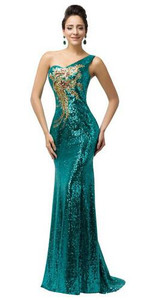 Grace Karin Sequins One Shoulder Mermaid Evening Dress 2017 Purple Emerald Green Evening Dress Long Elegant Peacock Formal Gown