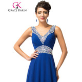 Grace Karin Royal Blue Evening Dresses Deep V Neck Chiffon Sequin Elegant Long Evening Gowns Formal Party Dresses Robe De Soiree
