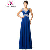 Grace Karin Royal Blue Evening Dresses Deep V Neck Chiffon Sequin Elegant Long Evening Gowns Formal Party Dresses Robe De Soiree