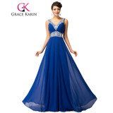 Grace Karin Royal Blue Evening Dresses Deep V Neck Chiffon Sequin Elegant Long Evening Gowns Formal Party Dresses Robe De Soiree