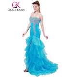 Grace Karin Prom Dresses Mermaid Bandage Strapless Organza Beading Sequined Ruffle Split Wedding Party Long Prom Dress 2017