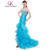 Grace Karin Prom Dresses Mermaid Bandage Strapless Organza Beading Sequined Ruffle Split Wedding Party Long Prom Dress 2017