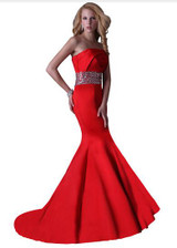 Grace Karin Prom Dress Strapless Satin Mermaid Trumpet Red Evening Dresses Full Length Beading Long Dinner Party Prom Gown 2017