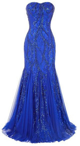 Grace Karin Prom Dress Long 2017 Royal Blue Mermaid Evening Gowns Sweetheart Sexy Strapless Ballkleider Lang Tulle Prom Dresses