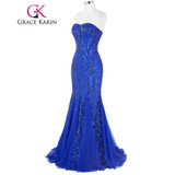 Grace Karin Prom Dress Long 2017 Royal Blue Mermaid Evening Gowns Sweetheart Sexy Strapless Ballkleider Lang Tulle Prom Dresses