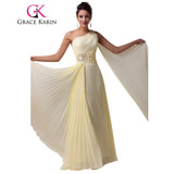 Grace Karin One shoulder Long Bridesmaid Dresses Light Yellow Chiffon with Ribbon Special Occasion Dress CL6066