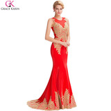 Grace Karin Mermaid Evening Dresses Long 2017 Gold Lace Appliques See Through Dubai Arabic Evening Gowns Party Formal Dress