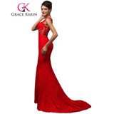 Grace Karin Mermaid Prom Dress Lace Bandage  Formal Evening Gown Long Beading Sequins Spaghetti Strap Red Prom Dresses 2017