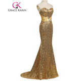 Grace Karin Mermaid Evening Dress Elegant Strapless Sequined Evening Gowns Golden Silver Long Special Occasion Formal Dress 2017