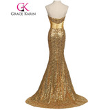Grace Karin Mermaid Evening Dress Elegant Strapless Sequined Evening Gowns Golden Silver Long Special Occasion Formal Dress 2017