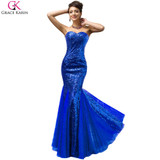 Grace Karin Long Mermaid Prom Dresses Strapless Sequin Tulle Elegant Formal Pageant Ball Gowns Purple Wedding Party Dress Prom