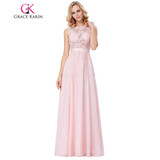 Grace Karin Long Evening Dresses 2017 Sexy Lace Appliques Pink Chiffon Sleeveless See Through Prom Dress Formal Evening Gowns