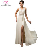 Grace Karin Long Beige Evening Dresses 2017 Deep V-Neck High-Slit Chiffon Open back Party Dresses Formal Gowns robe de soiree