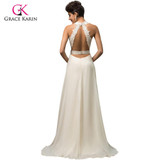 Grace Karin Long Beige Evening Dresses 2017 Deep V-Neck High-Slit Chiffon Open back Party Dresses Formal Gowns robe de soiree