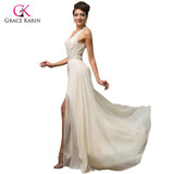 Grace Karin Long Beige Evening Dresses 2017 Deep V-Neck High-Slit Chiffon Open back Party Dresses Formal Gowns robe de soiree