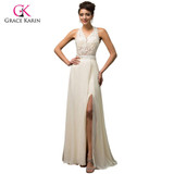 Grace Karin Long Beige Evening Dresses 2017 Deep V-Neck High-Slit Chiffon Open back Party Dresses Formal Gowns robe de soiree