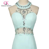 Grace Karin Light Green Mermaid Long Prom Dresses 2018 Crystal Beaded Evening Dress Halter Trumpet Prom dress Vestido de Festa