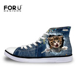 FORUDESIGNS 2017 Hot Women's High Top Vulcanize Shoes Cute 3D Animal Cat Denim Printed Classic Woman Casual Lace-up Canvas Shoes