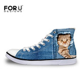 FORUDESIGNS 2017 Hot Women's High Top Vulcanize Shoes Cute 3D Animal Cat Denim Printed Classic Woman Casual Lace-up Canvas Shoes