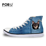 FORUDESIGNS 2017 Hot Women's High Top Vulcanize Shoes Cute 3D Animal Cat Denim Printed Classic Woman Casual Lace-up Canvas Shoes