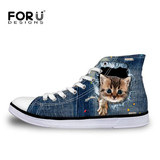 FORUDESIGNS 2017 Hot Women's High Top Vulcanize Shoes Cute 3D Animal Cat Denim Printed Classic Woman Casual Lace-up Canvas Shoes