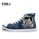 FORUDESIGNS 2017 Hot Women's High Top Vulcanize Shoes Cute 3D Animal Cat Denim Printed Classic Woman Casual Lace-up Canvas Shoes