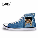 FORUDESIGNS 2017 Hot Women's High Top Vulcanize Shoes Cute 3D Animal Cat Denim Printed Classic Woman Casual Lace-up Canvas Shoes