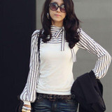 Formal Elegant Office Lady Women Black White Striped Blouses Bow Bowknot Long Sleeve Shirt Tops Blouse Tops S M L