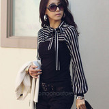 Formal Elegant Office Lady Women Black White Striped Blouses Bow Bowknot Long Sleeve Shirt Tops Blouse Tops S M L