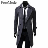 ForeMode 2017 Trench Coat Men Solid Color Long Trench Coat Mens Trench Coat Slim Fit Trench Double Breasted Overcoat 3 Colors
