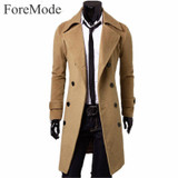 ForeMode 2017 Trench Coat Men Solid Color Long Trench Coat Mens Trench Coat Slim Fit Trench Double Breasted Overcoat 3 Colors
