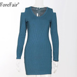 ForeFair Women Sexy Open Shoulder V-neck Long Sleeve Bodycon Dress Black Red Knitted Stripped Elastic Plus Size Autumn Dress